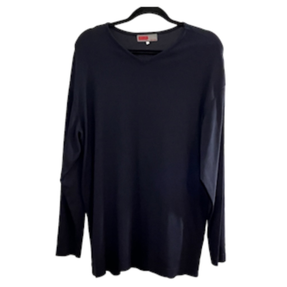 Zeus Men Sweater Size L Black Pull Over Top Ribbed V Neck Long Sleeve Neutral